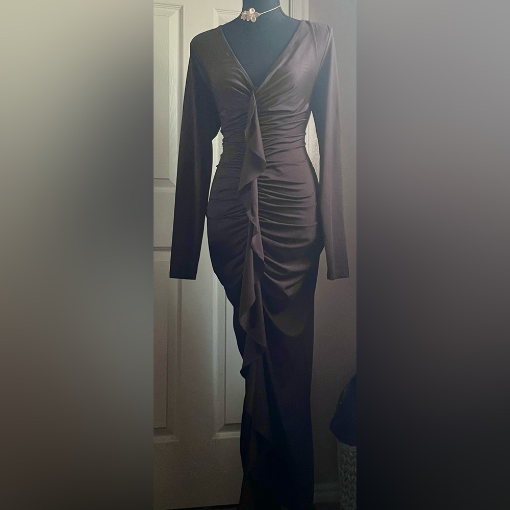 Long Sleeve Brown Ruched Ruffle V-Neck Dress